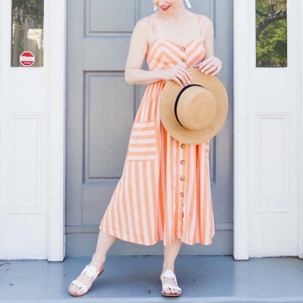 UO COOPERATIVE EMILIA LINEN STRIPED MIDI DRESS